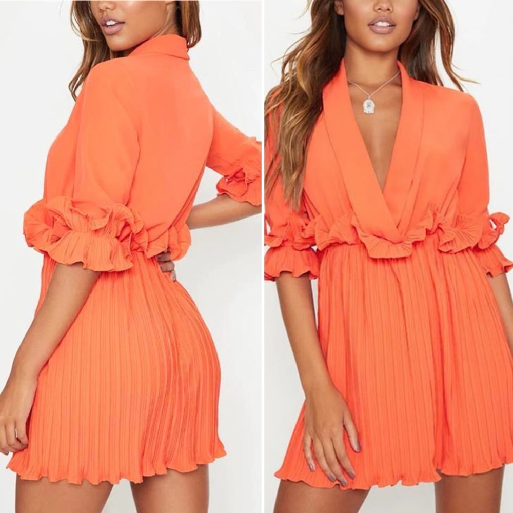 Stunning Orange dress with deep v neck and ruffle detail spring/summer dress - Picture 7 of 15